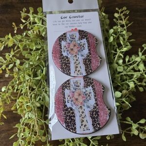 Floral Cross Leopard Print Car Coasters